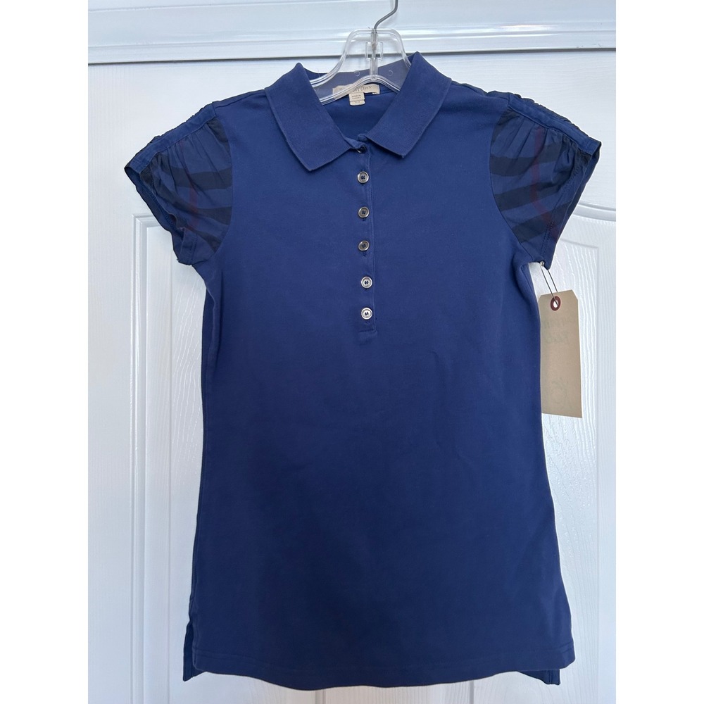 Burberry Brit Womens Navy Blue Tonal Nova Check Puff Sleeve Polo Shirt XS Sony🎬 - Picture 2 of 8